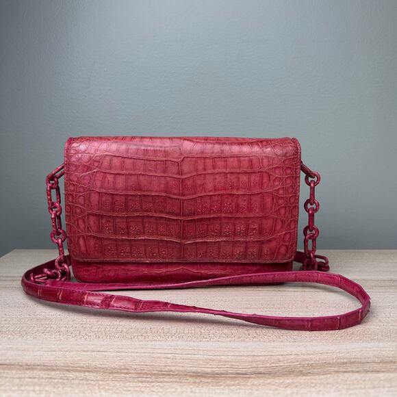 Nancy Gonzalez Pink Crossbody Reptile Bag Leather Small Flap Purse **FLAWS** - Picture 1 of 12